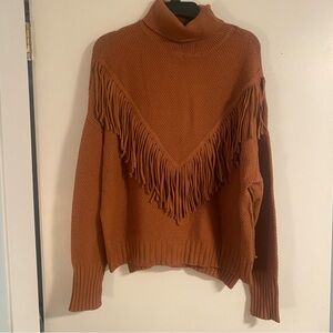 NWOT Chelsea & Theodore Fringe TurtleNeck Sweater Women’s L Brown Western Boho